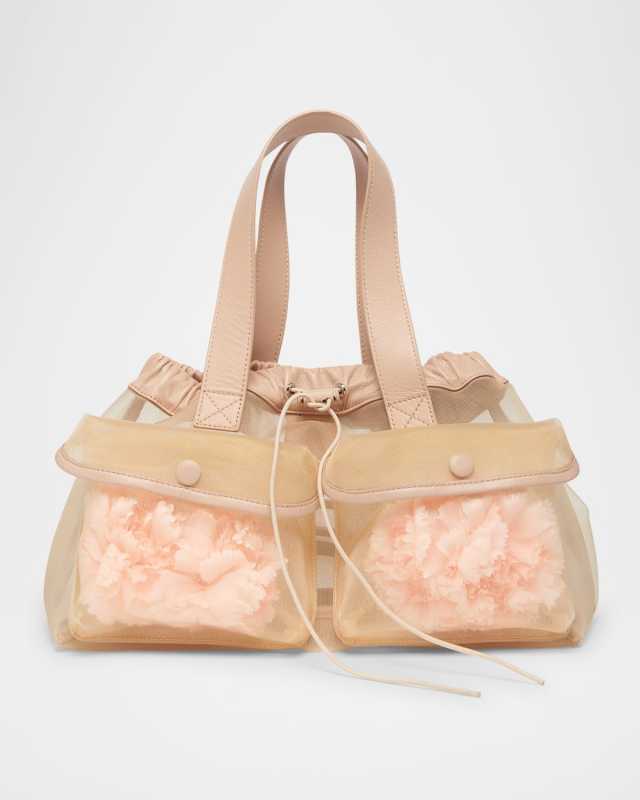 Mini Sheer Stuffed Carnation Drawstring Top-Handle Bag